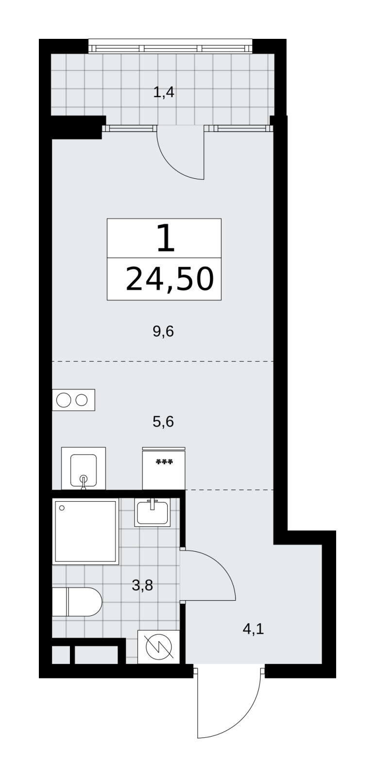 1-комнатная квартира в ЖК Деснаречье на 9 этаже в 1 секции. Сдача в 1 кв. 2026 г.