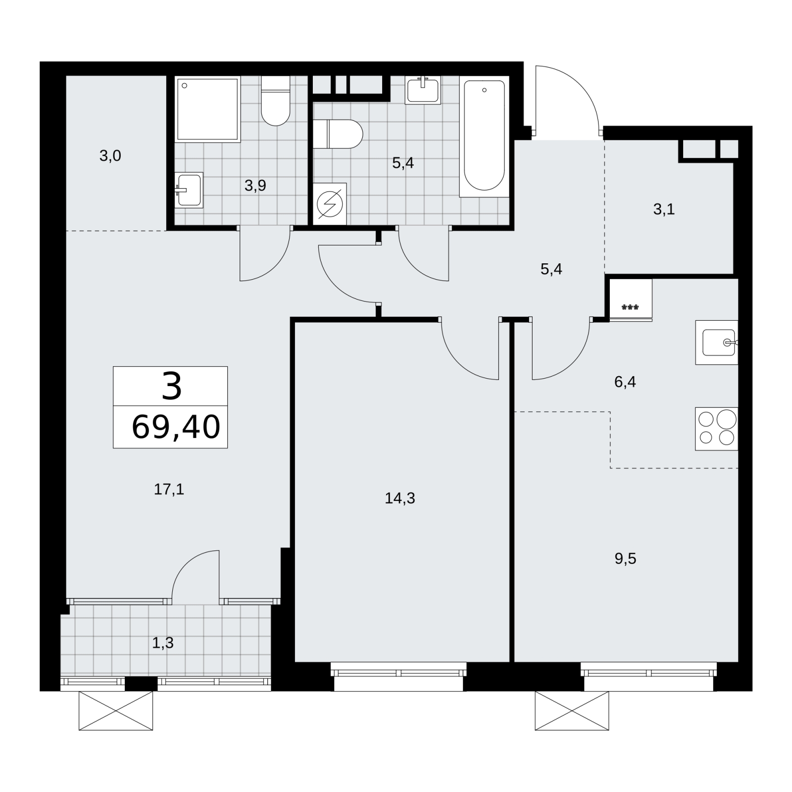 2-комнатная квартира с отделкой в ЖК Родные кварталы на 3 этаже в 6 секции. Сдача в 4 кв. 2026 г.