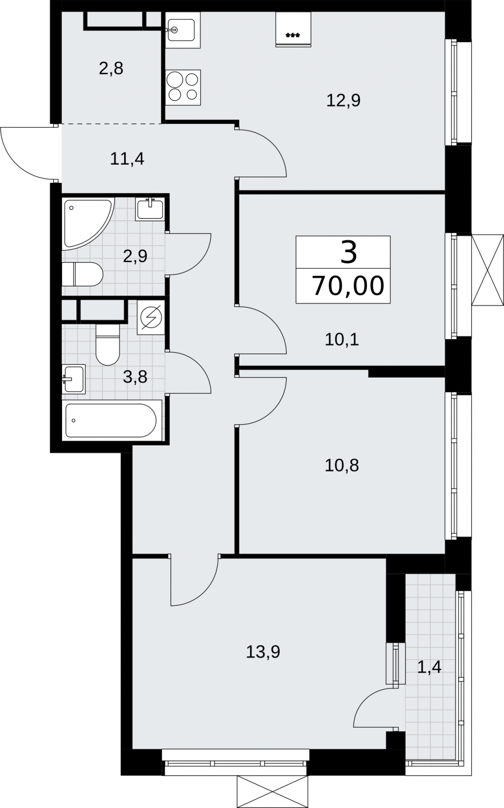 3-комнатная квартира с отделкой в ЖК Республики 205 на 5 этаже в 7 секции. Сдача в 1 кв. 2026 г.