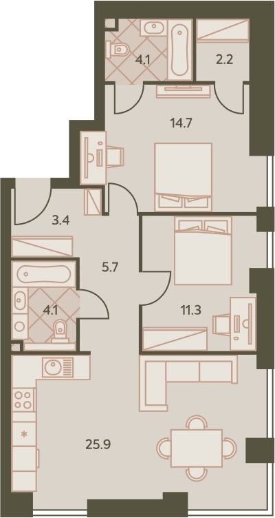4-комнатная квартира с отделкой в ЖК Дом на Зорге на 3 этаже в 1 секции. Сдача в 1 кв. 2026 г.