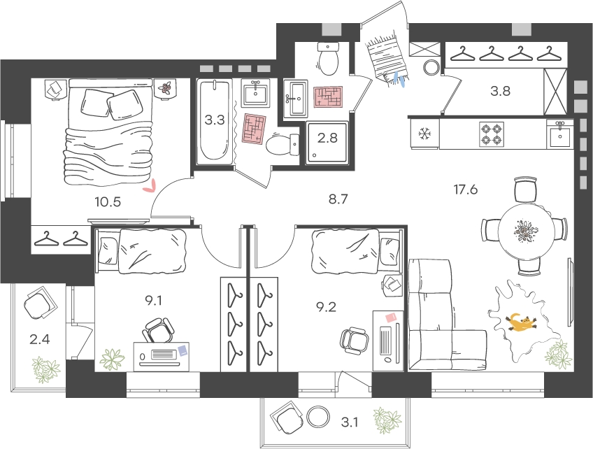 3-комнатная квартира с отделкой в ЖК Дом на Зорге на 8 этаже в 1 секции. Сдача в 1 кв. 2026 г.