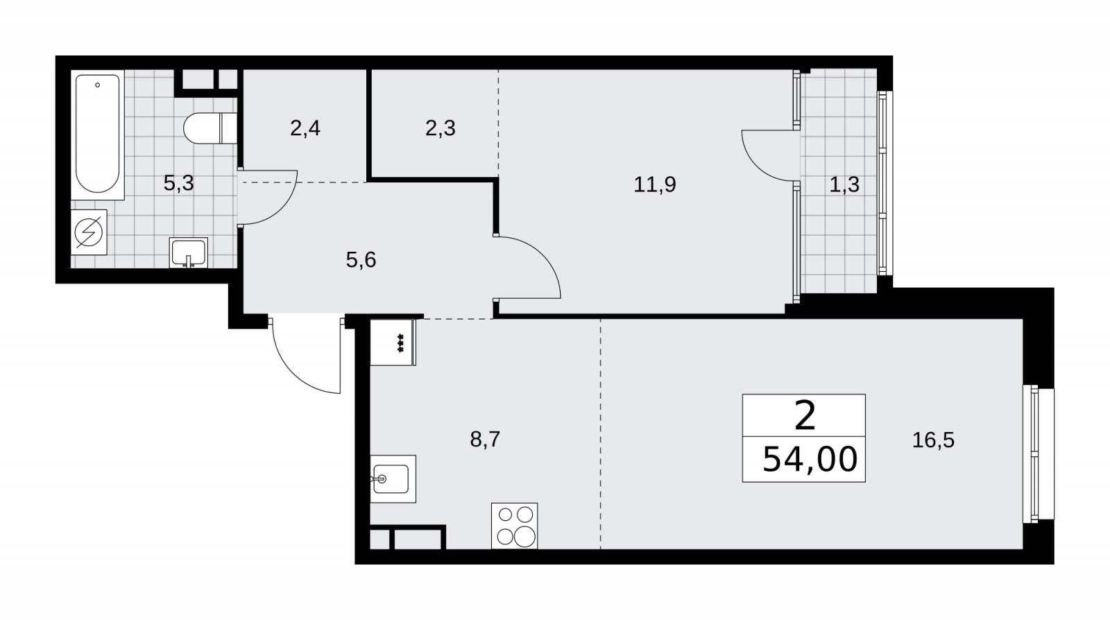 2-комнатная квартира в ЖК Тринити-2 на 3 этаже в 3 секции. Сдача в 3 кв. 2023 г.
