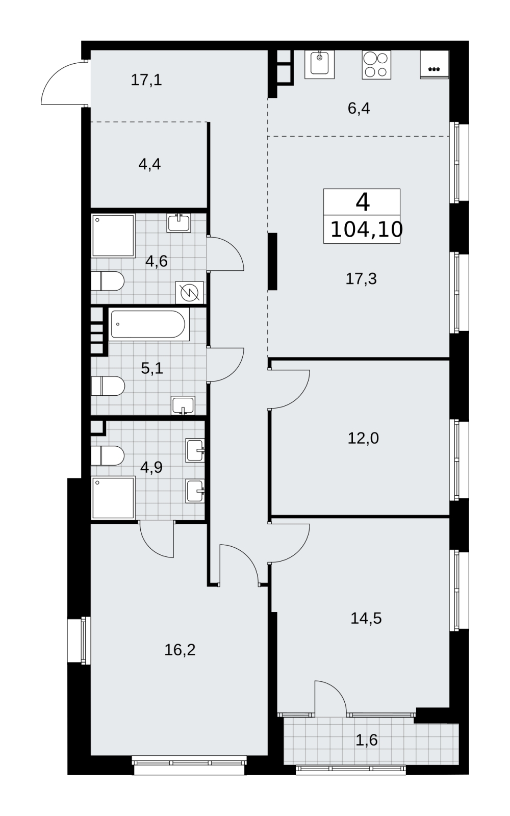 3-комнатная квартира в ЖК Тринити-2 на 6 этаже в 2 секции. Сдача в 3 кв. 2023 г.