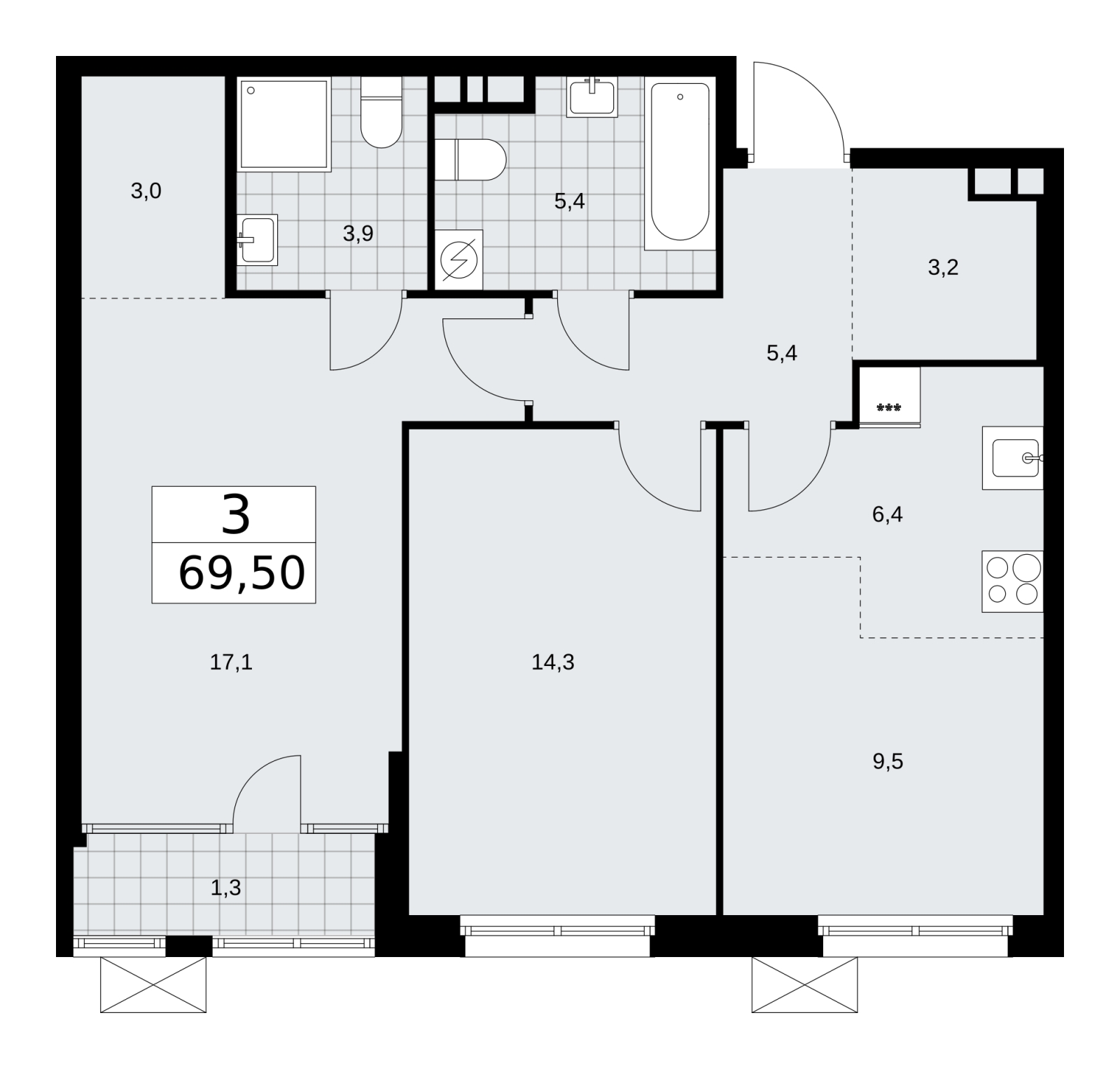 3-комнатная квартира в ЖК Тринити-2 на 5 этаже в 2 секции. Сдача в 3 кв. 2023 г.
