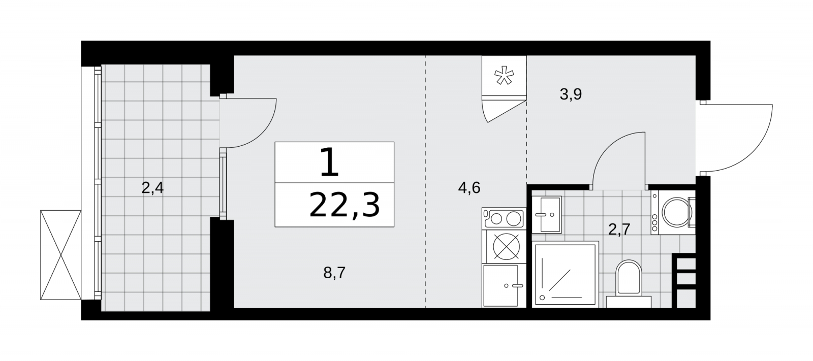 1-комнатная квартира (Студия) с отделкой в ЖК Деснаречье на 11 этаже в 2 секции. Сдача в 2 кв. 2026 г.