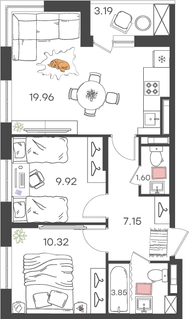 3-комнатная квартира с отделкой в ЖК Дом на Зорге на 13 этаже в 2 секции. Сдача в 1 кв. 2026 г.