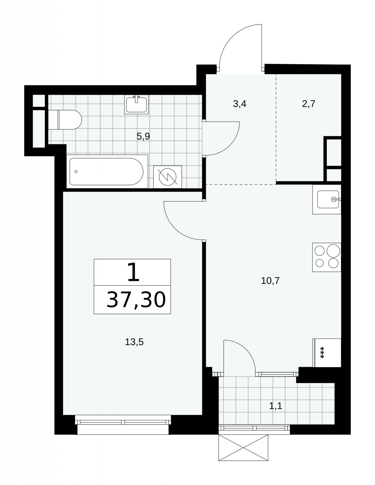 1-комнатная квартира в ЖК Тринити-2 на 7 этаже в 1 секции. Сдача в 3 кв. 2023 г.