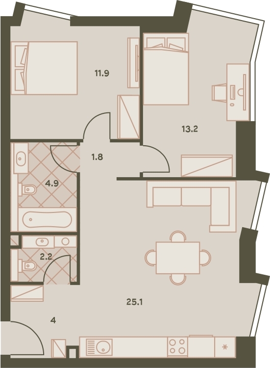 2-комнатная квартира с отделкой в ЖК Деснаречье на 12 этаже в 3 секции. Сдача в 2 кв. 2026 г.
