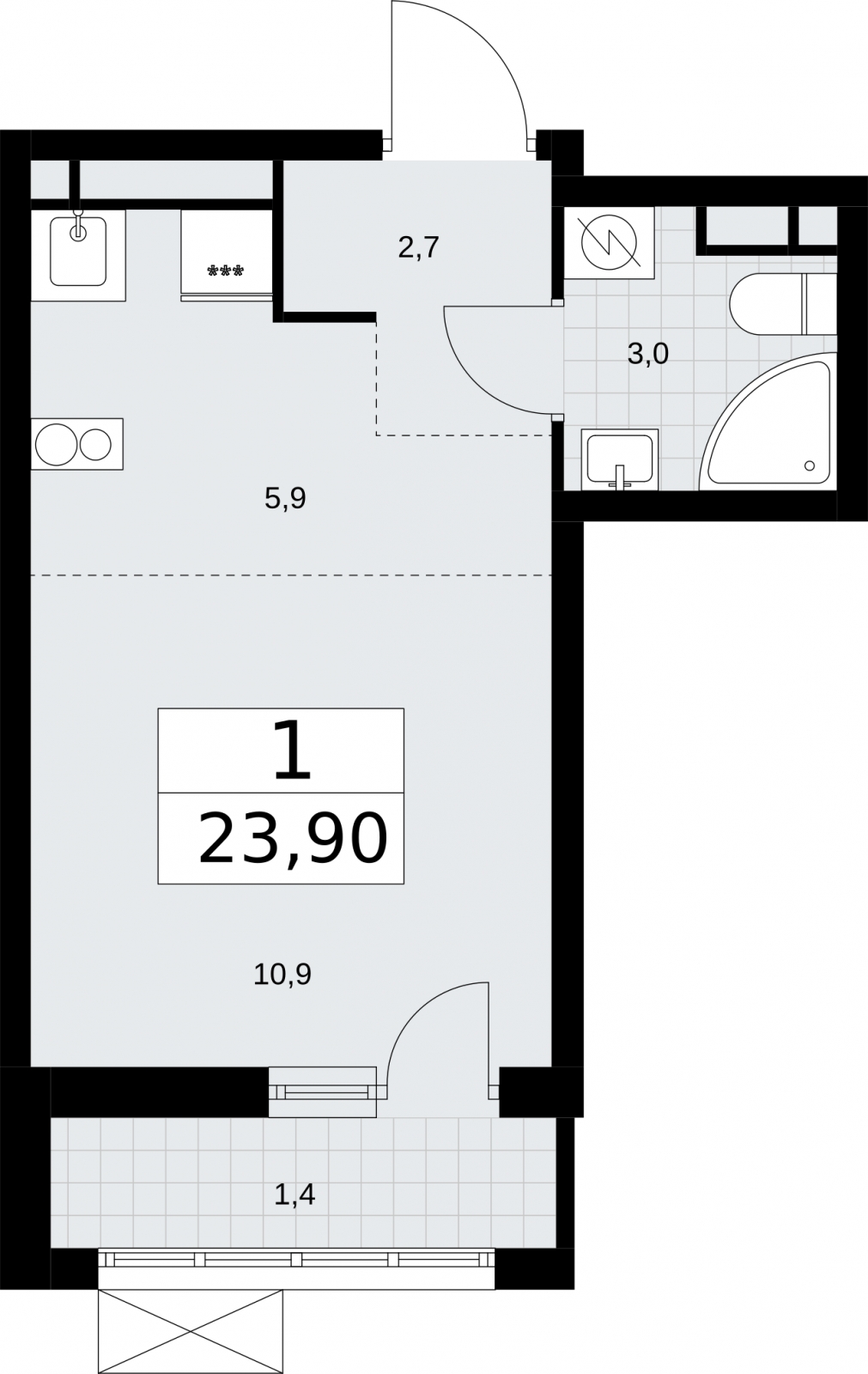 1-комнатная квартира (Студия) с отделкой в ЖК Деснаречье на 13 этаже в 4 секции. Сдача в 2 кв. 2026 г.