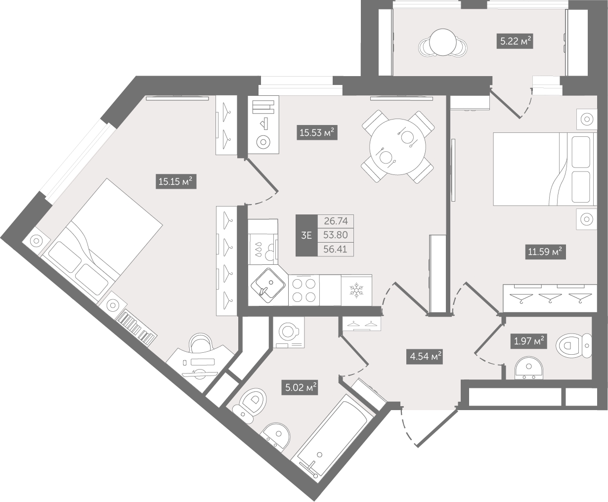 3-комнатная квартира в ЖК Тринити-2 на 22 этаже в 2 секции. Сдача в 3 кв. 2023 г.