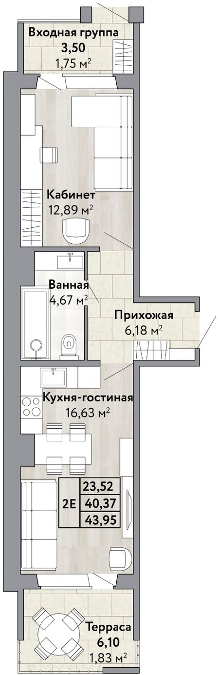 2-комнатная квартира с отделкой в ЖК Квартал Лаголово на 2 этаже в 3 секции. Сдача в 3 кв. 2025 г.