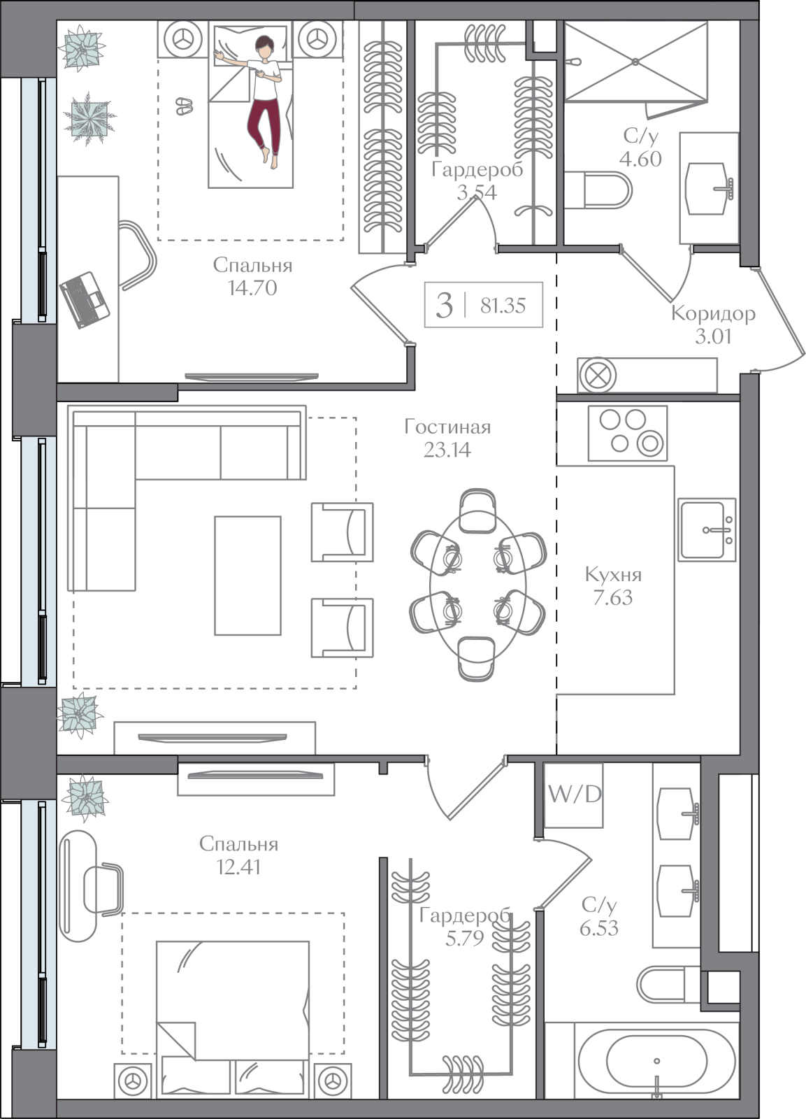 2-комнатная квартира с отделкой в ЖК SOUL на 13 этаже в 1 секции. Сдача в 4 кв. 2026 г.
