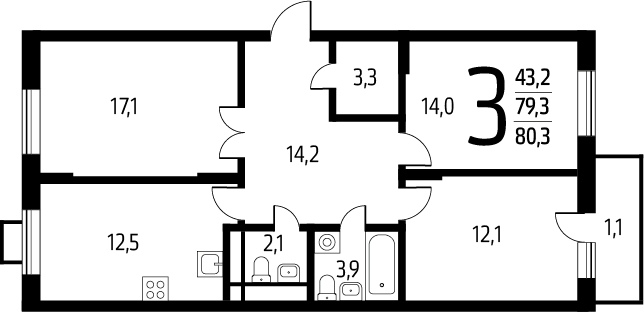 3-комнатная квартира в ЖК SOUL на 28 этаже в 1 секции. Сдача в 4 кв. 2026 г.
