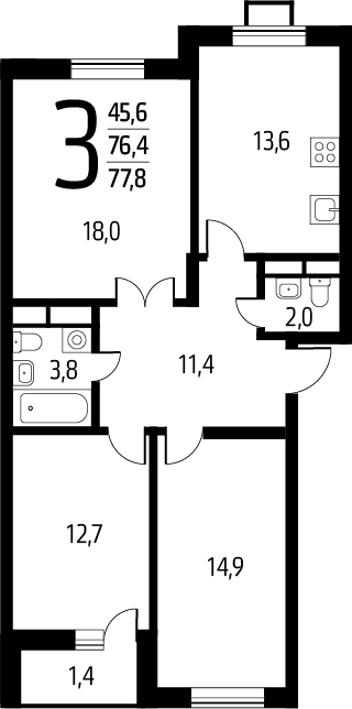 3-комнатная квартира в ЖК Деснаречье на 4 этаже в 2 секции. Сдача в 1 кв. 2026 г.