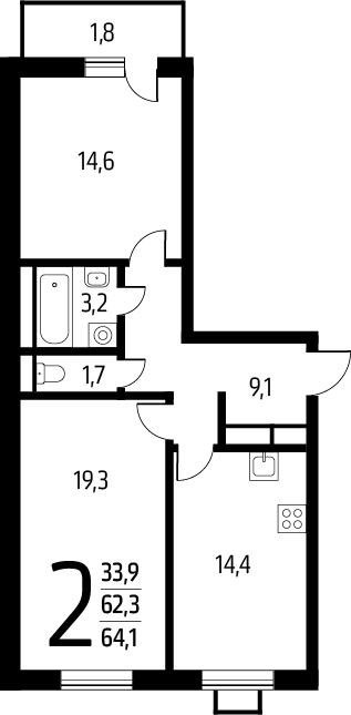 2-комнатная квартира с отделкой в ЖК Деснаречье на 14 этаже в 3 секции. Сдача в 2 кв. 2026 г.
