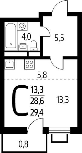 1-комнатная квартира (Студия) в ЖК Деснаречье на 12 этаже в 2 секции. Сдача в 1 кв. 2026 г.
