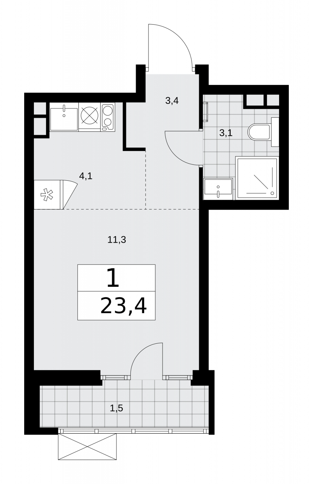 1-комнатная квартира в ЖК Деснаречье на 9 этаже в 2 секции. Сдача в 1 кв. 2026 г.
