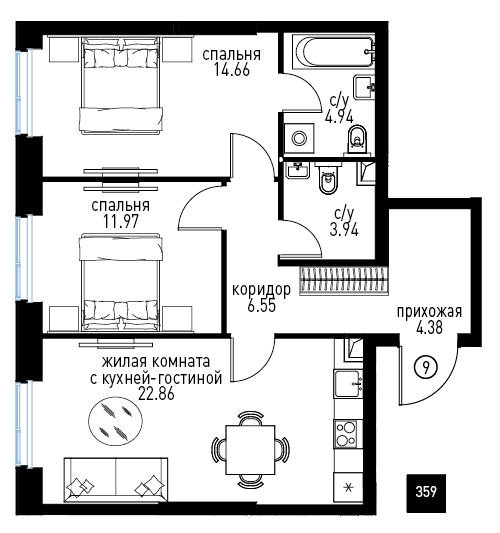 1-комнатная квартира (Студия) в ЖК Летний на 11 этаже в 1 секции. Сдача в 1 кв. 2025 г.