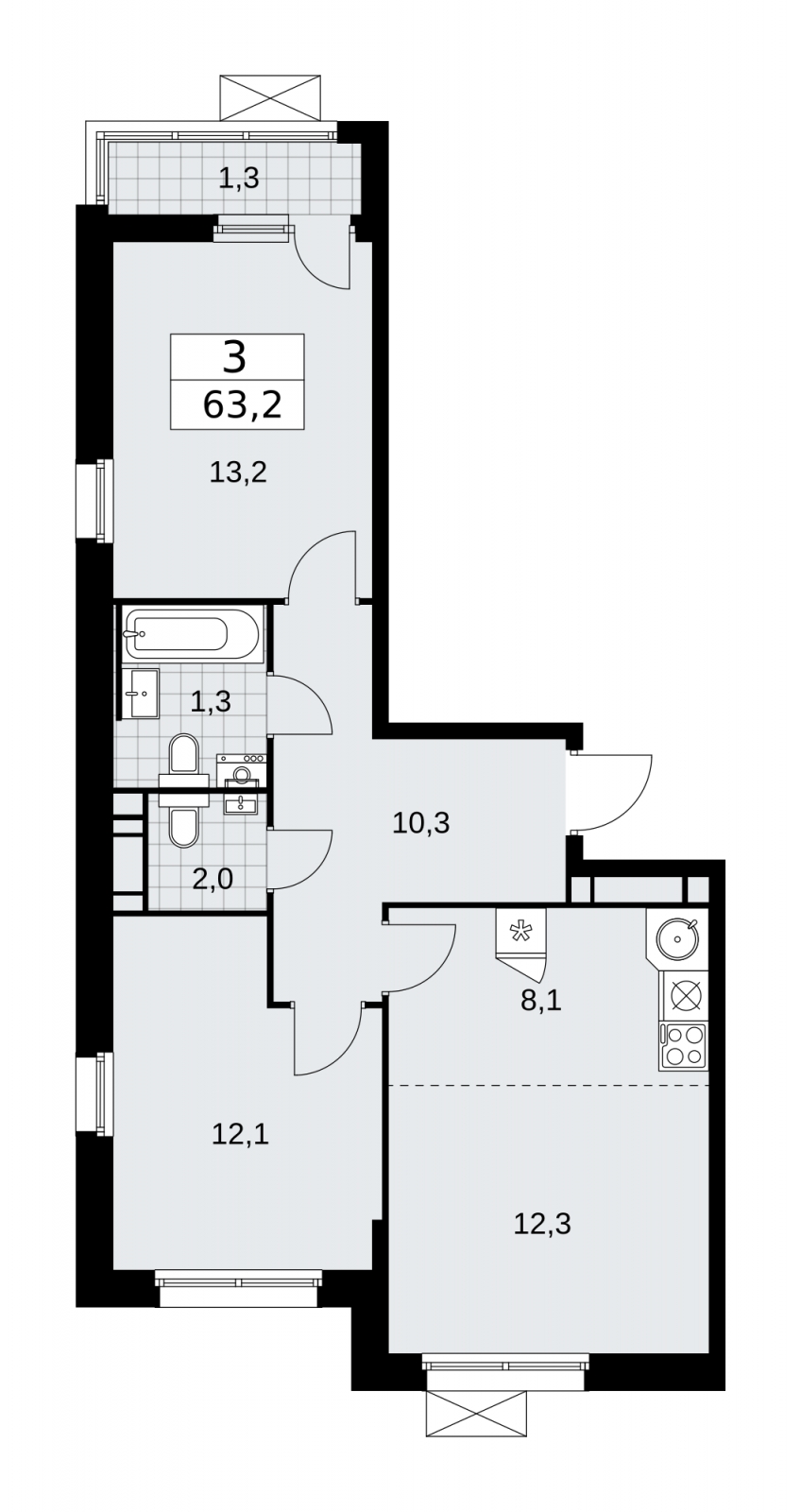 3-комнатная квартира в ЖК Скандинавия на 16 этаже в 2 секции. Сдача в 2 кв. 2026 г.