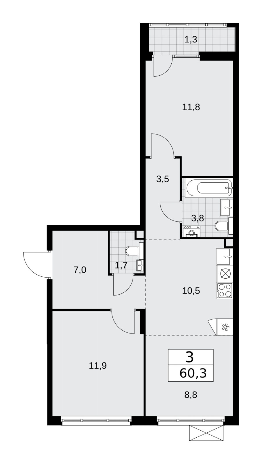 3-комнатная квартира с отделкой в ЖК Квартал Метроном на 7 этаже в 9 секции. Сдача в 3 кв. 2026 г.