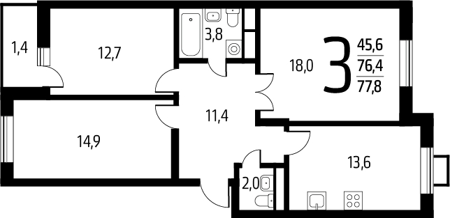 3-комнатная квартира с отделкой в ЖК Eniteo на 5 этаже в 1 секции. Дом сдан.