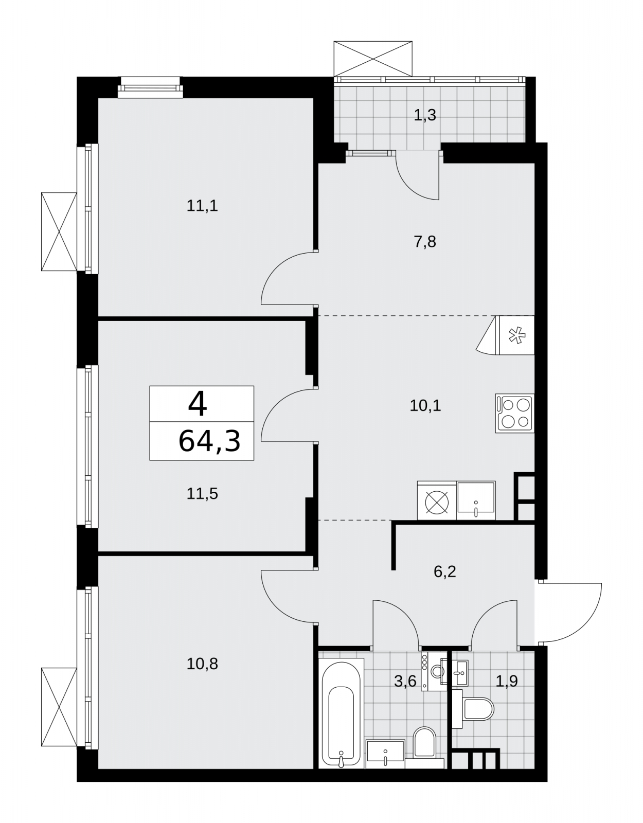 3-комнатная квартира в ЖК Деснаречье на 3 этаже в 2 секции. Сдача в 1 кв. 2026 г.