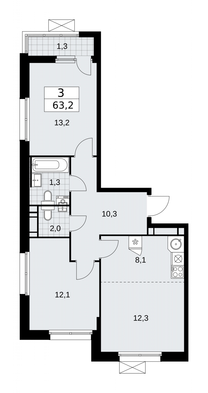 2-комнатная квартира в ЖК Скандинавия на 8 этаже в 2 секции. Сдача в 2 кв. 2026 г.