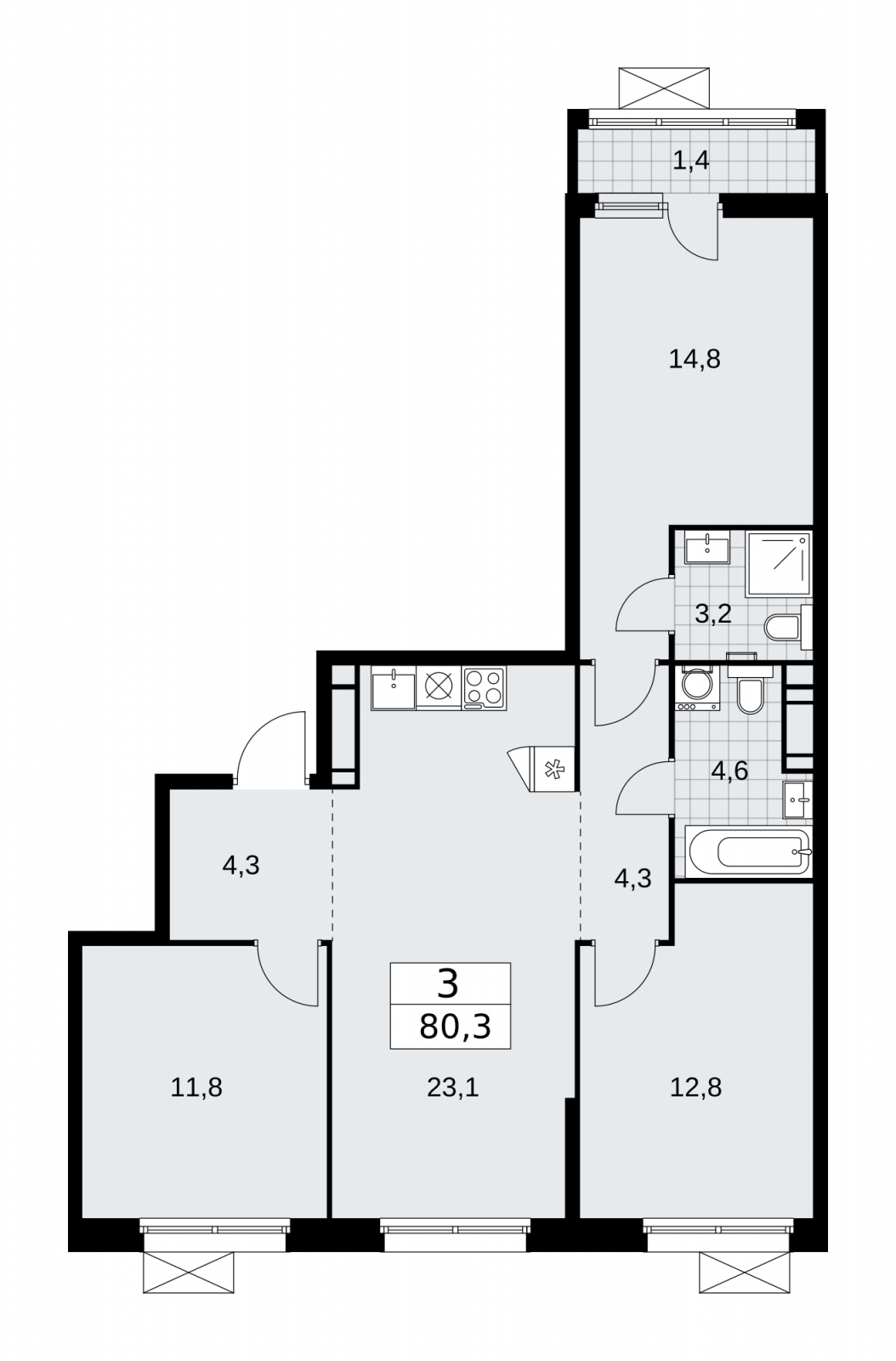 3-комнатная квартира в ЖК Скандинавия на 8 этаже в 1 секции. Сдача в 2 кв. 2026 г.