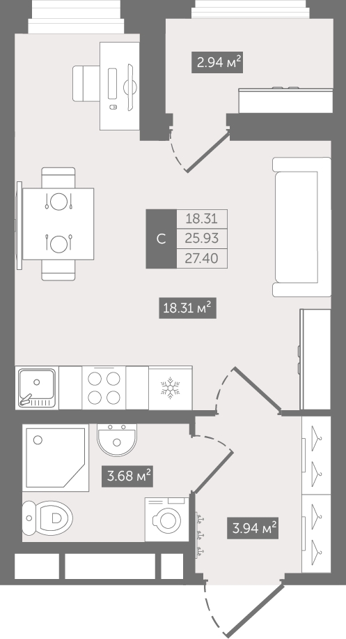 1-комнатная квартира (Студия) с отделкой в ЖК SOUL на 16 этаже в 1 секции. Сдача в 4 кв. 2026 г.
