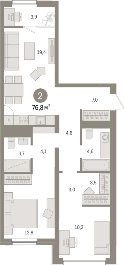 3-комнатная квартира в ЖК SOUL на 12 этаже в 1 секции. Сдача в 4 кв. 2026 г.
