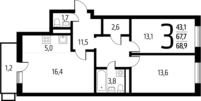 3-комнатная квартира с отделкой в ЖК Деснаречье на 2 этаже в 2 секции. Сдача в 2 кв. 2026 г.
