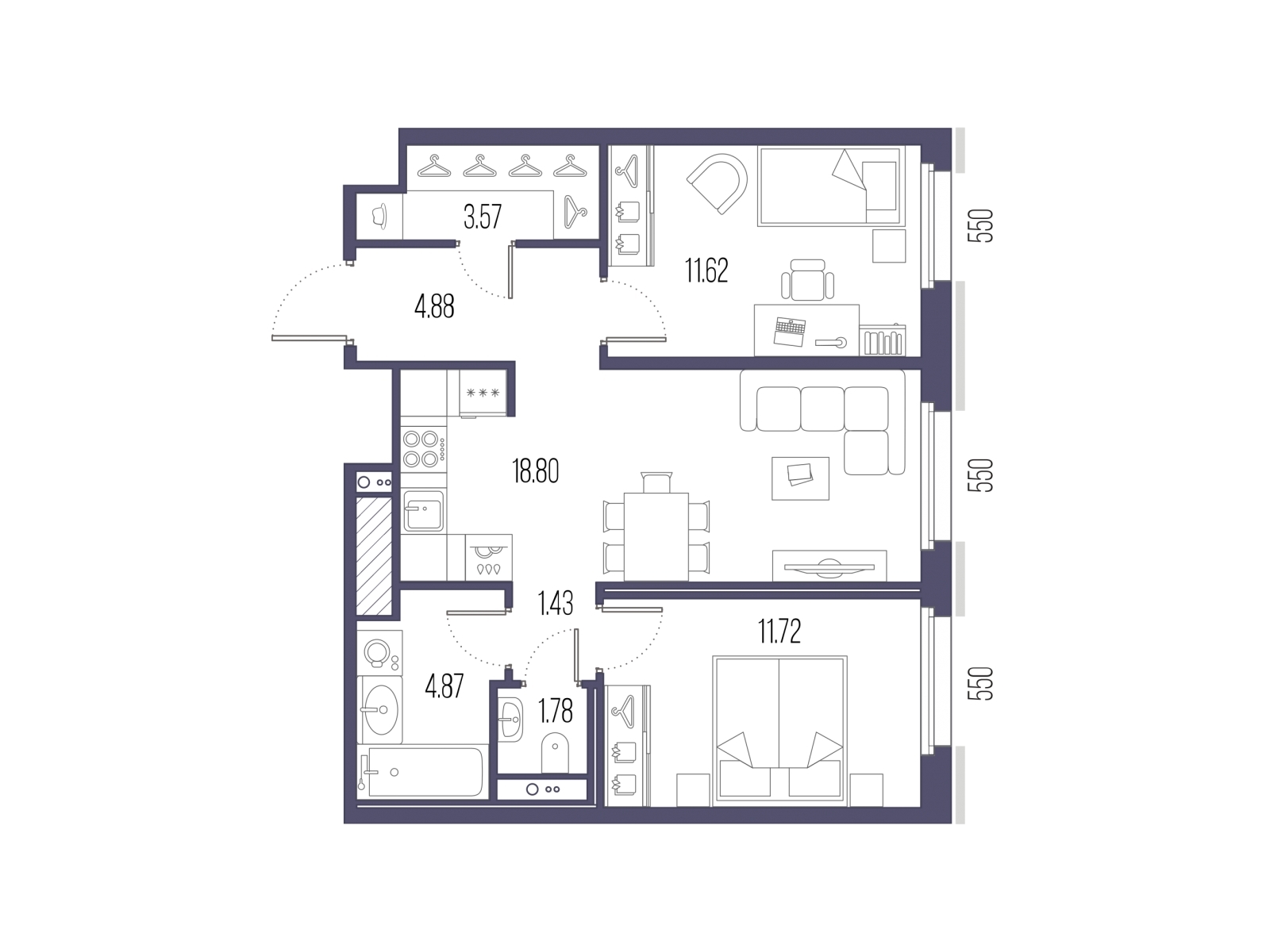 2-комнатная квартира в ЖК Деснаречье на 7 этаже в 1 секции. Сдача в 1 кв. 2026 г.