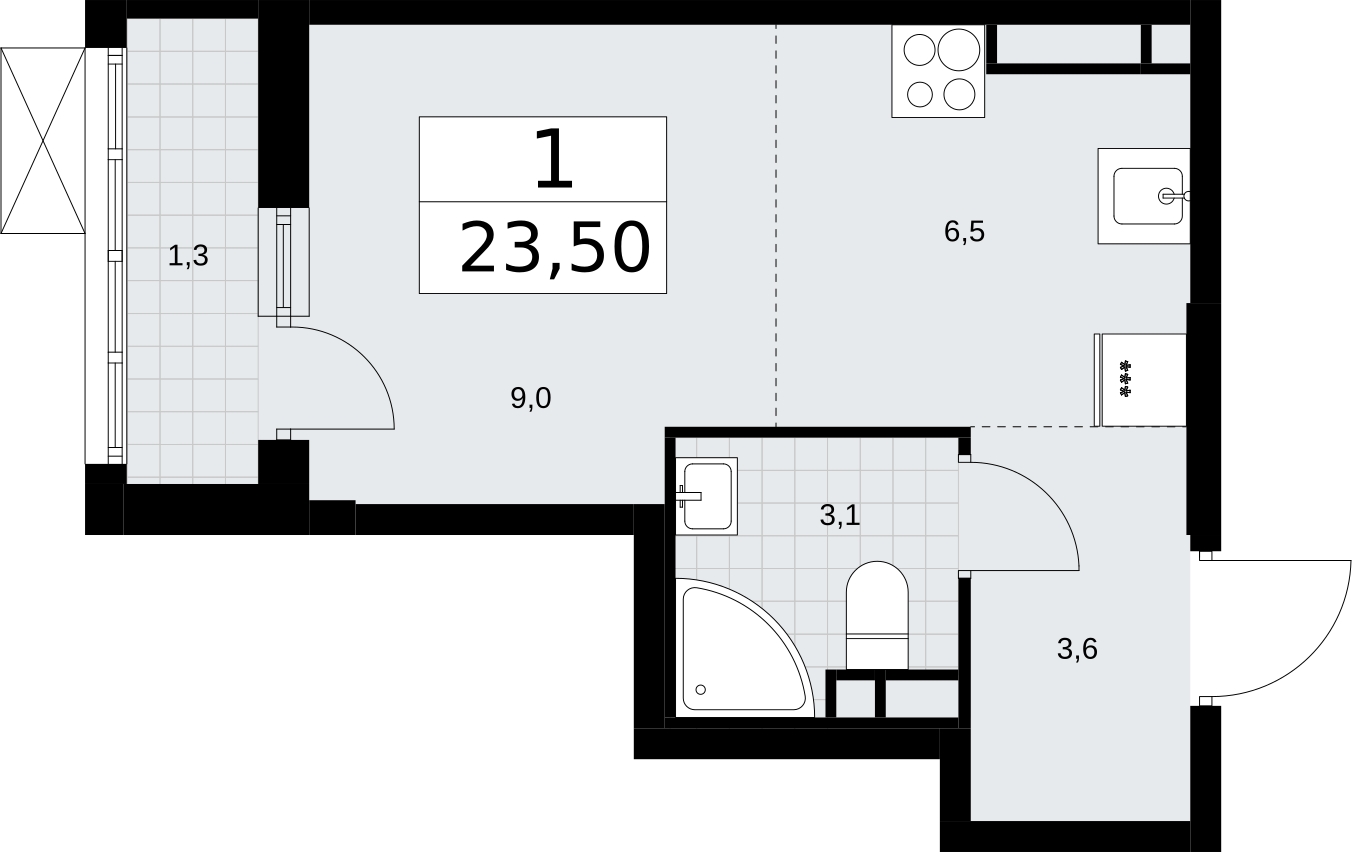 1-комнатная квартира в ЖК Деснаречье на 12 этаже в 2 секции. Сдача в 1 кв. 2026 г.