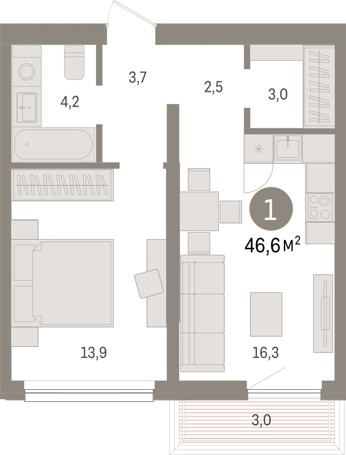 1-комнатная квартира (Студия) в ЖК UP-квартал «Воронцовский» на 8 этаже в 3 секции. Сдача в 2 кв. 2026 г.