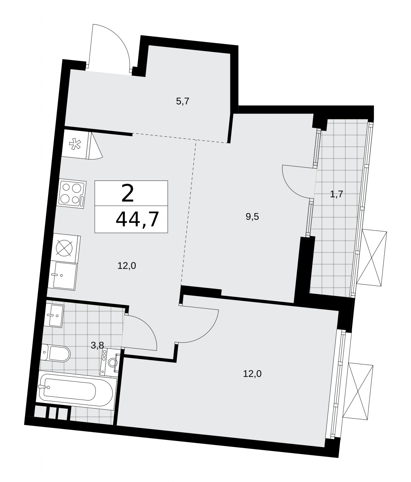 2-комнатная квартира в ЖК Деснаречье на 15 этаже в 2 секции. Сдача в 1 кв. 2026 г.