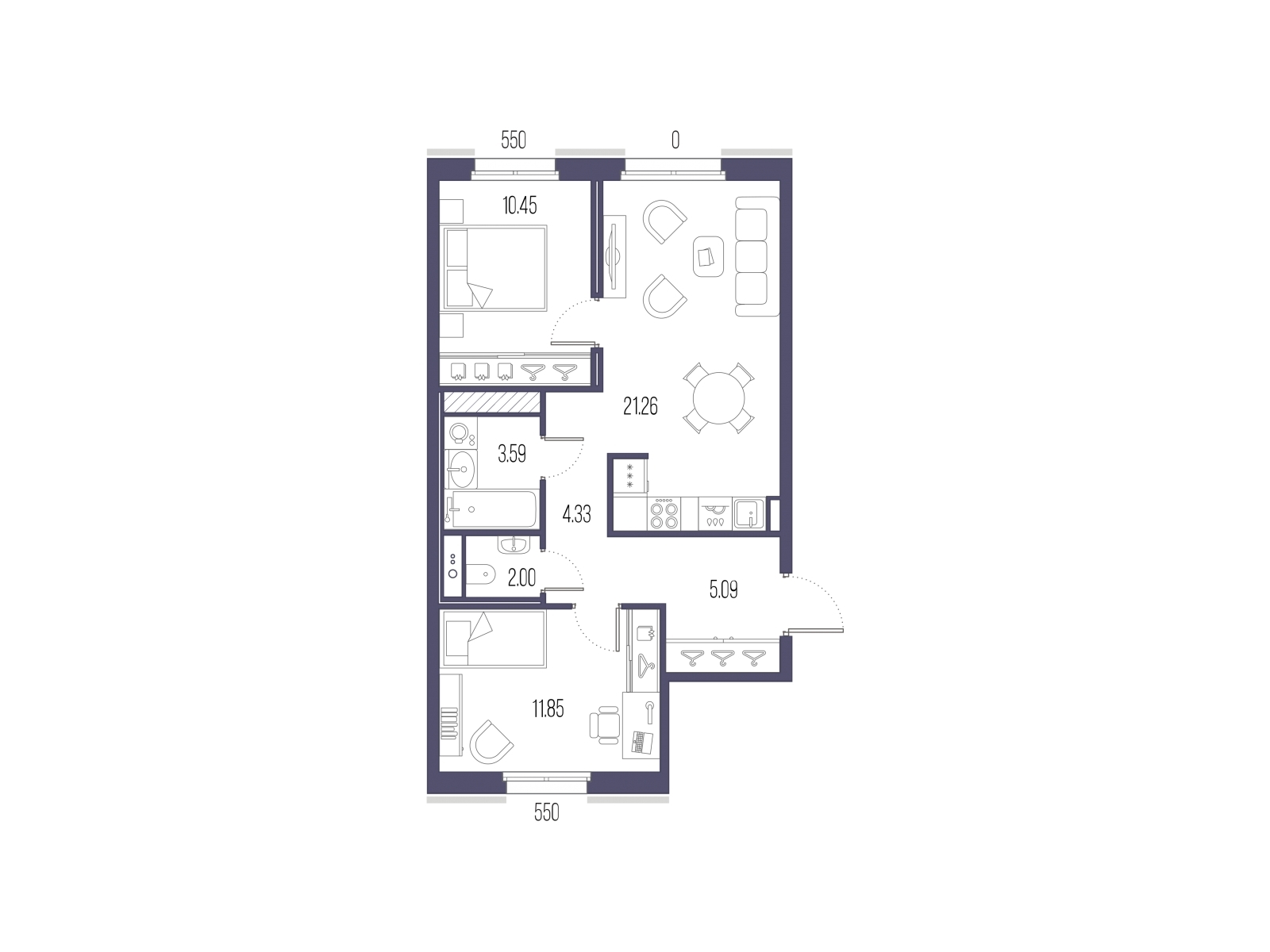 2-комнатная квартира в ЖК SOUL на 28 этаже в 1 секции. Сдача в 4 кв. 2026 г.