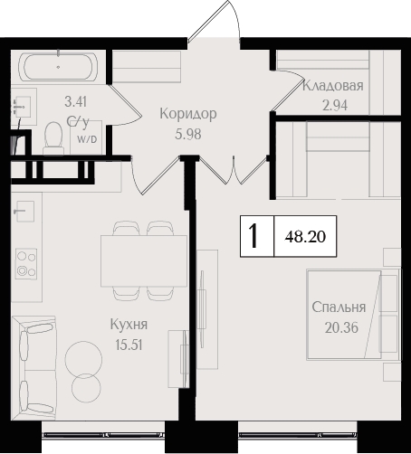 1-комнатная квартира в ЖК Преображенская площадь на 9 этаже в 2 секции. Сдача в 3 кв. 2025 г.
