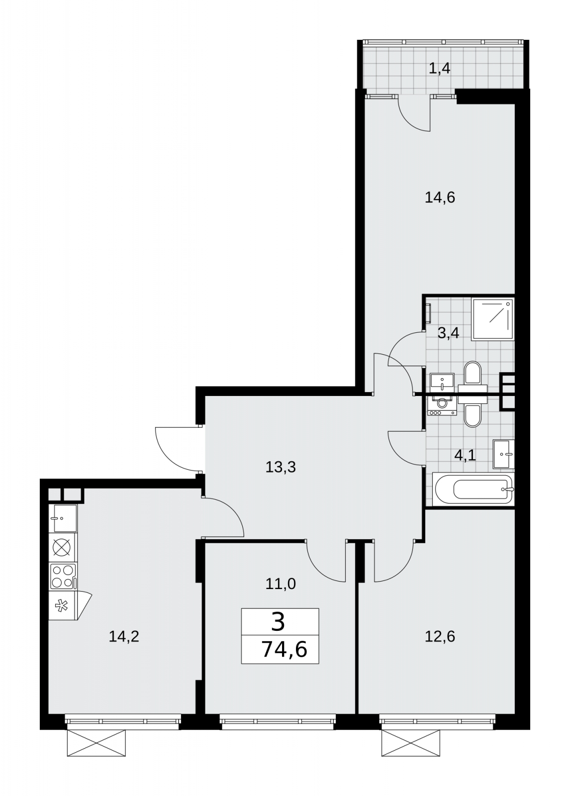 3-комнатная квартира в ЖК Деснаречье на 7 этаже в 2 секции. Сдача в 1 кв. 2026 г.