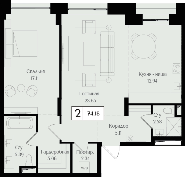 2-комнатная квартира с отделкой в ЖК Дом на Зорге на 5 этаже в 1 секции. Сдача в 1 кв. 2026 г.