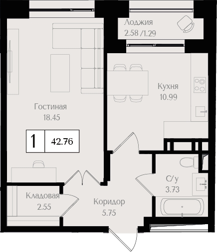 1-комнатная квартира (Студия) в ЖК Деснаречье на 16 этаже в 2 секции. Сдача в 1 кв. 2026 г.