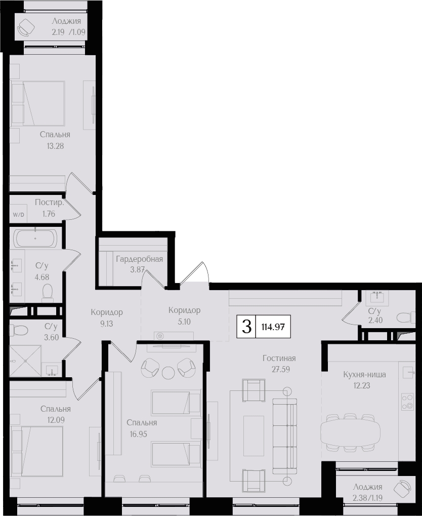 2-комнатная квартира в ЖК Преображенская площадь на 6 этаже в 3 секции. Сдача в 3 кв. 2024 г.