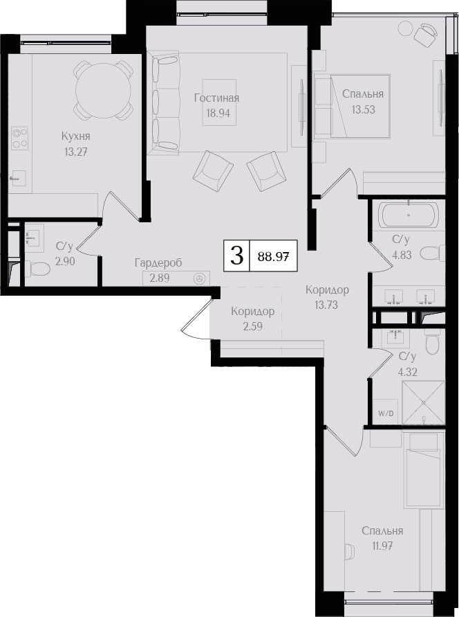 3-комнатная квартира в ЖК Деснаречье на 7 этаже в 3 секции. Сдача в 1 кв. 2026 г.