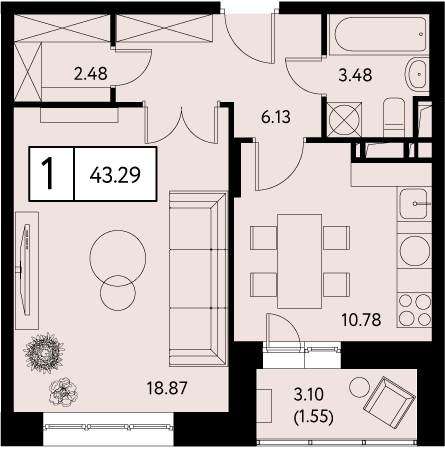 1-комнатная квартира в ЖК Преображенская площадь на 14 этаже в 2 секции. Сдача в 3 кв. 2025 г.