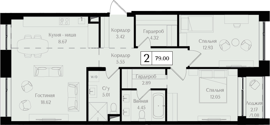 3-комнатная квартира в ЖК Преображенская площадь на 12 этаже в 1 секции. Сдача в 2 кв. 2027 г.
