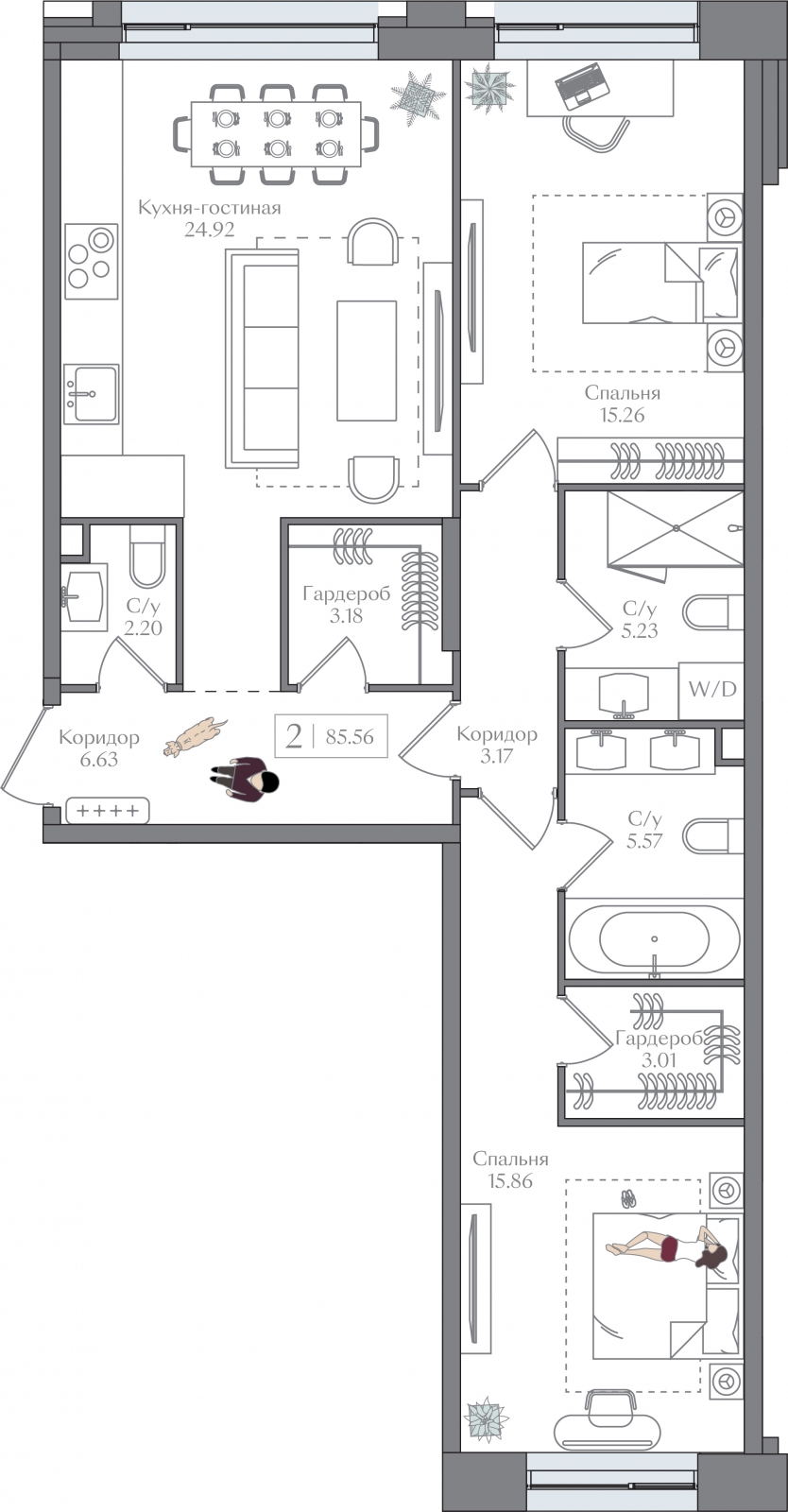 2-комнатная квартира с отделкой в ЖК Квартал Метроном на 14 этаже в 5 секции. Сдача в 3 кв. 2026 г.
