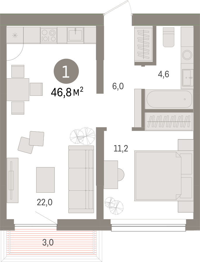 1-комнатная квартира в ЖК Преображенская площадь на 6 этаже в 3 секции. Сдача в 2 кв. 2027 г.