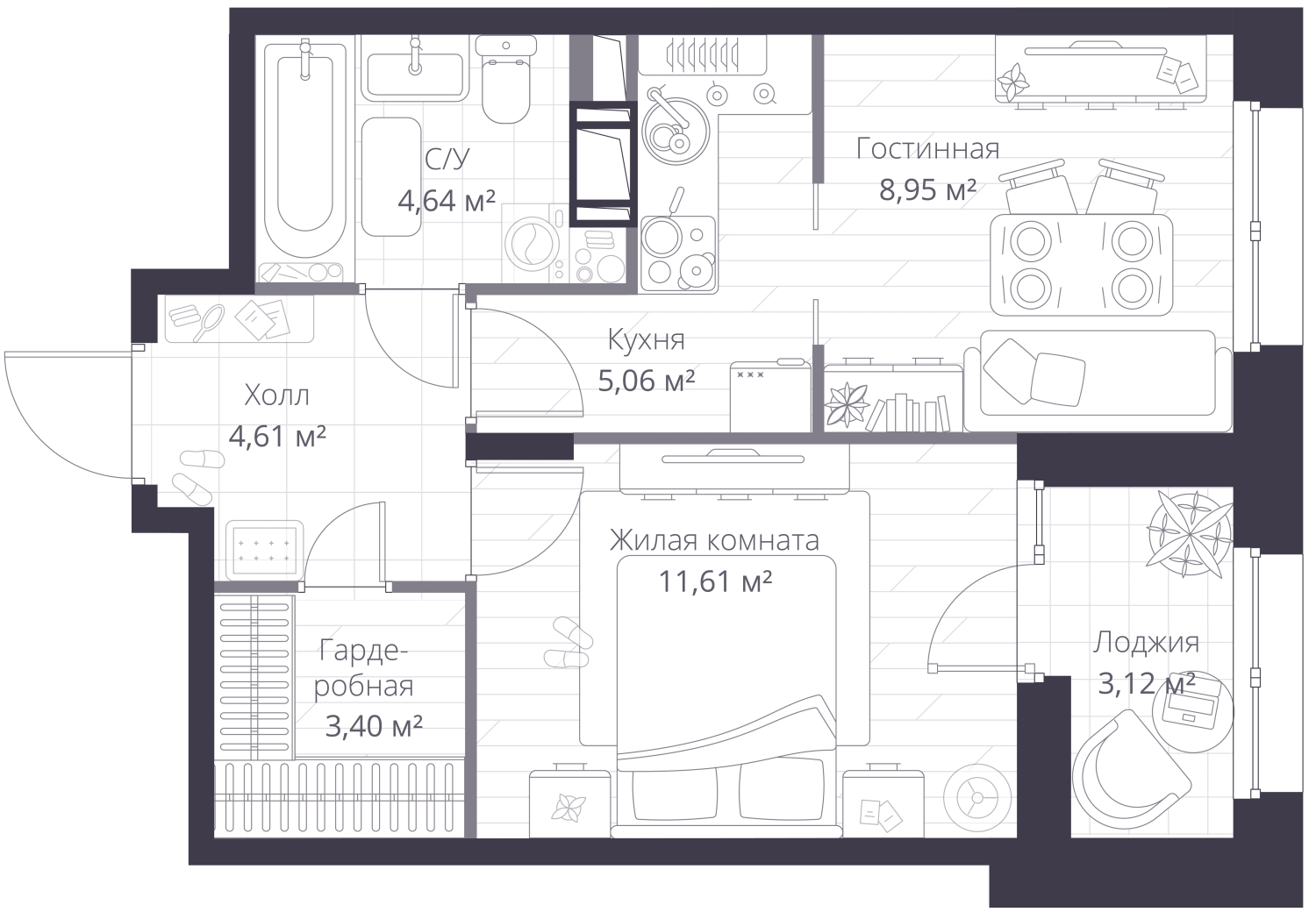1-комнатная квартира в ЖК Преображенская площадь на 10 этаже в 3 секции. Сдача в 2 кв. 2027 г.