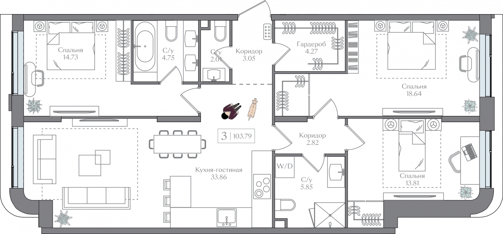 4-комнатная квартира с отделкой в ЖК Деснаречье на 2 этаже в 3 секции. Сдача в 2 кв. 2026 г.