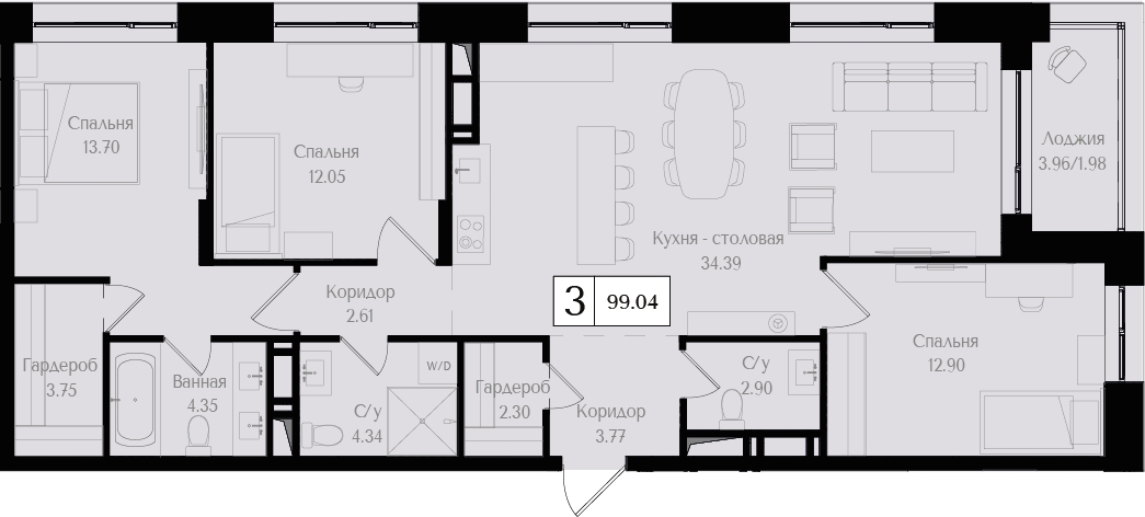 3-комнатная квартира в ЖК Eniteo на 19 этаже в 1 секции. Дом сдан.