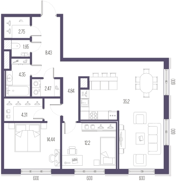 2-комнатная квартира в ЖК Savin Premier на 12 этаже в 1 секции. Сдача в 1 кв. 2025 г.